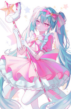 1girl absurdres aqua_hair blood blood_on_object boots bow commentary double-parted_bangs dress gloves hair_between_eyes hair_bow hair_ribbon hairband hatsune_miku highres holding holding_staff ima_sugu_rinne_(vocaloid) leg_up long_hair looking_at_viewer magical_girl pink_dress pink_eyes pink_hairband puffy_short_sleeves puffy_sleeves ribbon short_sleeves staff standing standing_on_one_leg star-shaped_pupils star_(symbol) symbol-shaped_pupils tsuyu810 twintails very_long_hair vocaloid white_boots white_gloves