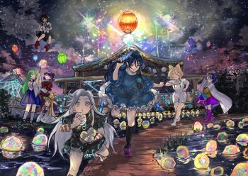 6+girls :t aircraft animal_ears ankle_socks architecture armor arms_up barefoot belt_pouch black_cape black_footwear black_hair black_ribbon black_shirt black_skirt black_socks blonde_hair blue_dress blue_hair blue_skirt blunt_bangs book bow brown_hat building camera cape cheek_bulge cloud cloudy_sky collared_shirt colored_eyelashes crossed_arms detached_sleeves dress east_asian_architecture elbow_on_knee floating fox_ears fox_tail frilled_skirt frills frog_hair_ornament full_moon gem geta gohei gonglijeongli googly_eyes grass green_eyes green_hair green_ribbon grey_eyes grey_hair hair_between_eyes hair_ornament hair_ribbon hair_tubes hairband hand_in_own_hair hashtag-only_commentary hat highres himemushi_momoyo holding holding_book holding_camera holding_gem holding_gohei holding_shield hot_air_balloon iizunamaru_megumu inubashiri_momiji jewelry knee_up kneehighs kochiya_sanae kudamaki_tsukasa leaf_hair_ornament light_smile long_hair long_sidelocks long_skirt looking_at_another messy_hair midair mirror moon moriya_suwako multicolored_dress multicolored_hairband multiple_girls on_floor opal_(gemstone) open_mouth orange_bow outstretched_arm parted_hair patchwork_clothes pauldrons pleated_skirt pointy_ears pom_pom_(clothes) pond pouch puffy_short_sleeves puffy_sleeves purple_footwear purple_hair purple_skirt purple_vest rainbow_gradient red_eyes red_footwear red_shirt reflection reflective_liquid ribbon ribbon-trimmed_dress ribbon-trimmed_sleeves ribbon_trim ring romper rooftop rope running shameimaru_aya shield shimenawa shirt short_sleeves shoulder_armor sidelocks single_hair_tube single_pauldron sitting sitting_on_log skirt skirt_set sky sleeveless socks standing star_(sky) starry_sky straight_hair tail tengu-geta tenkyuu_chimata tokin_hat touhou tree veil very_long_sleeves vest water wavy_hair white_cape white_hair white_romper white_shirt white_socks wide_sleeves wolf_ears yasaka_kanako yellow_eyes zipper