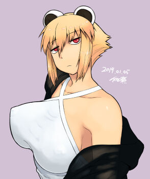 1girl animal_ears araiguma-san bare_shoulders black_sweater blonde_hair breasts collarbone covered_erect_nipples dated hair_between_eyes large_breasts long_sidelocks looking_at_viewer no_bra original purple_background raccoon_ears raccoon_girl red_eyes shirt short_hair sidelocks signature simple_background solo sweater tsukudani_(coke-buta) upper_body very_short_hair white_shirt