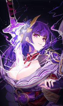 1girl absurdres armor blunt_bangs braid breasts bridal_gauntlets cleavage collarbone commentary fan_hair_ornament genshin_impact glowing glowing_sword glowing_weapon hair_ornament head_tilt highres holding holding_sword holding_weapon huge_breasts japanese_clothes kimono large_breasts long_braid long_hair looking_to_the_side mitsudomoe_(shape) mole mole_under_eye multicolored_eyes neck_ribbon official_art parted_lips pink_lips purple_background purple_eyes purple_kimono purple_nails raiden_shogun red_ribbon red_sash ribbon sash shenqi_de_(9) shoulder_armor single_braid solo sword tomoe_(symbol) weapon wide_sleeves