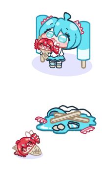 Rule 34 | ahoge, aqua eyes, aqua hair, blue eyes, drill hair, food, hatsune miku, highres, ice cream, ice cream cone, kasane teto, long hair, panto pt, popsicle, popsicle stick, red eyes, red hair, skirt, socks, striped clothes, striped socks, twin drills, twintails, utau, vocaloid