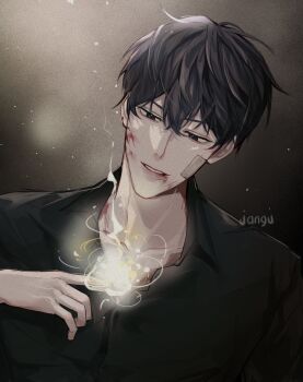 Rule 34 | 1boy, abopikjang, aegyo sal, bandaid, bandaid on face, black eyes, black hair, black shirt, blood, blood on face, blood on mouth, collared shirt, commentary, crossed bangs, glowing, hair between eyes, half-closed eyes, highres, kim dokja, light particles, male focus, omniscient reader's viewpoint, shirt, shirt tug, short hair, solo