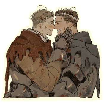 Rule 34 | 2boys, alt text, armor, black capelet, blonde hair, blood, blood on armor, blood on clothes, blush, breastplate, brown hair, capelet, closed mouth, commentary, cropped torso, flower, flower wreath, from side, gauntlets, grin, hand on another's face, hans capon, hashtag-only commentary, henry of skalitz, highres, kingdom come: deliverance ii, looking at another, male focus, multiple boys, pauldrons, profile, red capelet, shoulder armor, simple background, smile, teeth, thi (just minhthi), white background, white flower, yaoi