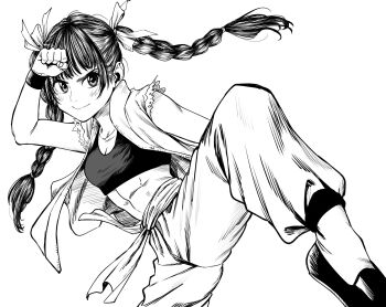 Rule 34 | 1girl, abs, braid, breasts, chinese clothes, cleavage, commentary request, fighting stance, furrowed brow, greyscale, hair ribbon, hatching (texture), highres, lee (dragon garou), linea alba, monochrome, original, ribbon, small breasts, smile, solo, sports bra, standing, standing on one leg, twin braids, v-shaped eyebrows, wristband