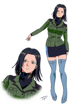 1girl black_hair black_skirt blue_boots boots closed_mouth commentary_request comoli_harcourt dated full_body green_jacket gundam gundam_gquuuuuux highres jacket long_sleeves looking_at_viewer mole mole_under_eye pgmajimaji short_hair skirt thigh_boots white_background