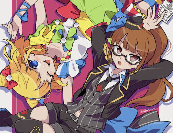 2girls arms_up belt black-framed_eyewear black_belt black_jacket black_necktie black_shorts black_vest blonde_hair blue_bow blue_eyes blunt_bangs bow brown_eyes brown_hair collared_shirt commentary_request cone_hair_bun curly_hair double_bun dress dual_persona frilled_dress frills from_above glasses green_bow hair_bow hair_bun highres holding idol_clothes jacket long_hair long_sleeves looking_at_viewer lying midriff_peek minami_mirei minami_mirei_(normal) multicolored_dress multiple_girls necktie nojima_minami on_back one_eye_closed open_mouth ponytail pretty_series pripara red_bow rotational_symmetry semi-rimless_eyewear shirt short_hair shorts smile under-rim_eyewear upside-down vest white_shirt