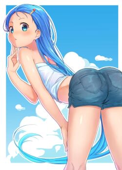 1girl alternate_costume aqua_hair ass bent_over blue_eyes blue_hair blue_sky blush cloud commentary_request day denim denim_shorts gradient_hair hair_ornament hairclip hand_on_own_thigh kantai_collection long_hair looking_at_viewer looking_back multicolored_hair oge_(ogeogeoge) parted_lips samidare_(kancolle) short_shorts shorts sky solo strapless tube_top very_long_hair white_tube_top