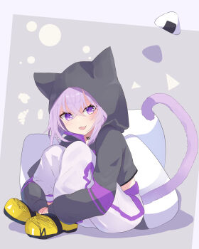 1girl absurdres animal_ears black_collar black_hoodie cat_ears cat_girl cat_tail collar commentary_request food highres hololive hood hoodie nekomata_okayu nekomata_okayu_(1st_costume) onigiri open_mouth pants purple_eyes purple_hair sake-meron shoes smile solo tail virtual_youtuber white_pants yellow_shoes