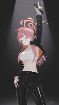 1girl absurdres aifankuendefeng arm_up armpits aru_(blue_archive) blue_archive blunt_bangs breasts chinese_commentary grin halo hand_in_pocket highres holding holding_microphone horns jacket long_hair looking_at_viewer microphone midriff navel pink_eyes pink_hair pink_nails smile solo torn_clothes