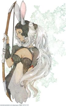 1girl alternate_eye_color black_helmet bow_(weapon) breasts cleavage commentary dark-skinned_female dark_skin ears_through_headwear english_commentary final_fantasy final_fantasy_xii fran_(ff12) hand_up helmet holding holding_bow_(weapon) holding_weapon long_hair medium_breasts ponytail ruka_(blueplus84) solo viera weapon white_eyes white_hair