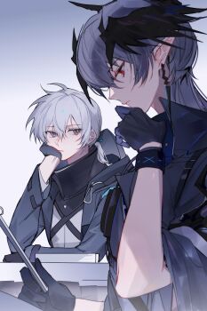 1boy 1other absurdres ahoge androgynous arknights bishounen black_coat black_gloves black_wings coat doctor_(arknights) earrings expressionless gloves gradient_background grey_background grey_eyes grey_hair hand_on_own_chin head_rest head_wings high_collar highres hood hood_down hooded_coat horns infection_monitor_(arknights) jeathur jewelry logos_(arknights) looking_at_another looking_down low_ponytail male_focus mole mole_under_eye peeking pointy_ears ponytail profile reading red_eyes tablet_pc three-quarter_sleeves wings