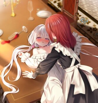 2girls apron bagel_sandica black_dress blush chair champagne_flute clothes_pull commentary_request cup dress dress_pull drinking_glass drunk highres indoors long_hair long_sleeves maid maid_apron master_and_servant multiple_girls off_shoulder on_table parted_lips purple_eyes red_hair shoujo_no_nozomanu_eiyuutan table twintails white_apron white_dress white_hair yuri