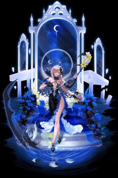 1girl absurdres artist_request bare_shoulders black_background black_dress black_gloves black_shoes blonde_hair blue_eyes blue_flower blue_rose breasts commentary crescent_moon dress english_commentary flower frilled_dress frills full_body gloves hair_over_one_eye half-closed_eye highres holding holding_weapon large_breasts long_hair mirror moon one_eye_covered original parted_bangs parted_lips rose second-party_source shoes single_glove smile solo weapon