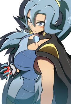 1girl blue_eyes blue_gloves blue_hair bodysuit breasts cape clair_(pokemon) collarbone earrings glint gloves hair_between_eyes highres holding holding_poke_ball jewelry large_breasts long_hair nintendo poke_ball pokemon pokemon_hgss ponytail sleeveless solo thatamaan