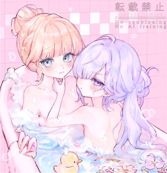 absurdres bare_back bare_shoulders bath bathtub blonde_hair blue_eyes bow commentary_request flower hair_over_one_eye highres kinoeda_tamase long_hair looking_at_viewer mahou_shoujo_no_majo_saiban mole mole_under_eye multi-tied_hair multiple_girls nail_polish natsume_an-an nude purple_eyes rubber_duck saeki_miria shared_bathing water white_hair yuri