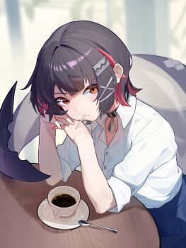 1girl absurdres black_choker black_hair blue_skirt blurry blurry_background blush choker closed_mouth coffee collarbone colored_inner_hair commentary_request cup ellen_joe ellen_joe_(on_campus) fins fish_tail gauze head_rest highres interlocked_fingers lollipop_in_mouth looking_at_viewer multicolored_hair official_alternate_costume outdoors own_hands_together pink_nails plate razor_blade_hair_ornament red_eyes scar scar_on_tail shadow shark_girl shark_tail shirt short_hair skirt sleeves_rolled_up solo spoon table tail v-shaped_eyebrows white_shirt zenless_zone_zero zhileng_zhil