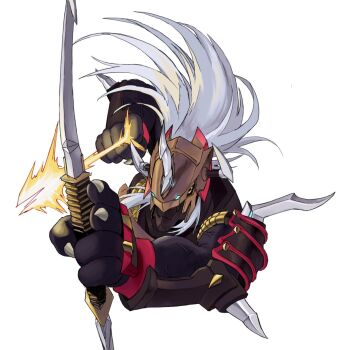 Rule 34 | armor, arrow (projectile), black armor, black skin, bow (weapon), colored skin, digimon, digimon (creature), dragon, energy arrow, full body, gaioumon, hashtag-only commentary, helmet, highres, holding, holding arrow, holding bow (weapon), holding weapon, horns, long hair, missyou67363, simple background, solo, weapon, white background, white hair, yellow eyes