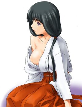 1girl bare_shoulders black_hair breasts cleavage empty_eyes exif_thumbnail_surprise female_focus hair_tie hakama hakama_skirt japanese_clothes long_hair looking_away medium_breasts miko no_bra off_shoulder original parted_lips purple_eyes red_hakama simple_background sitting skirt solo traditional_clothes white_background