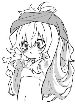 1girl armpit_hair armpits bags_under_eyes bra breasts clothes_lift eha7y female_pubic_hair greyscale hair_between_eyes long_hair messy_hair monochrome navel original petite pubic_hair shirt_lift sidelocks simple_background small_breasts steam steaming_body underwear undressing wasabi-chan_(eha7y) white_background