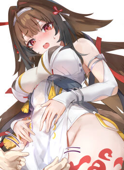 1girl 1other armlet blush breasts brown_hair brown_tail china_dress chinese_clothes commentary_request dress droopy_ears from_below hair_intakes hairband highres jewelry large_breasts leg_tattoo looking_down metal_bracelet open_mouth pelvic_curtain red_eyes silver_armlet simple_background tattoo tomas_(kaosu22) white_background white_dress white_hairband ye_shunguang zenless_zone_zero