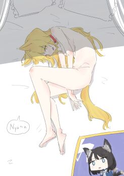 2girls animal_ear_fluff animal_ears aqua_eyes bang_dream! black_hair blonde_hair blush bone bone_ornament cat_ears collar curtains highres jacket looking_at_another multiple_girls nude okusawa_misaki on_bed open_mouth pillow tail tail_wagging tsurumaki_kokoro yellow_eyes zgok1uy8amciwae