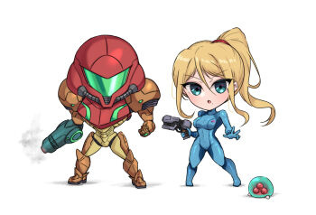 Rule 34 | arm cannon, armor, assault visor, blonde hair, blue bodysuit, blue eyes, bodysuit, chibi, commentary request, dual persona, full armor, green visor, high ponytail, holding, holding weapon, long hair, metroid, metroid (creature), metroid larva, mole, mole under mouth, nintendo, open mouth, ponytail, power suit (metroid), samus aran, science fiction, varia suit, wakaba (wata ridley), weapon, zero suit