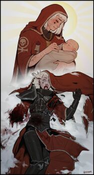 1girl absurdres armor baby blood blood_from_mouth blood_on_face burn_scar carrying carrying_baby carrying_person corpse death elzunix facial_tattoo halo halo_behind_head highres injury inquisition_(warhammer) lying medium_hair multiple_scars multiple_views on_back original scar scar_on_arm scar_on_face scar_on_hand scar_on_mouth solo_focus tattoo twitter_username warhammer_40k white_eyes white_hair