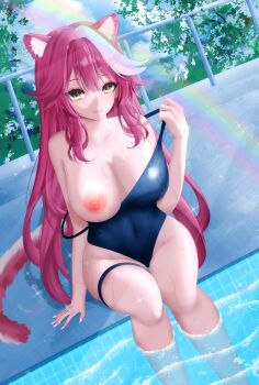 1girl absurdres animal_ears blue_sky breasts cleavage closed_mouth cloud cloudy_sky commentary covered_navel day extra_ears fingernails hair_intakes highres hololive hololive_english large_breasts long_hair lucemarvell multicolored_hair nail_polish nipples one_breast_out outdoors panther_ears panther_girl panther_tail pink_hair pink_lips plant pool poolside pulling_own_clothes raora_panthera school_swimsuit sitting sky soaking_legs solo strap_pull strap_slip streaked_hair swimsuit tail thighs two-tone_hair virtual_youtuber white_nails yellow_eyes