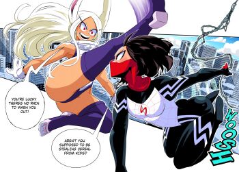 animal_ears ass black_hair bodysuit boku_no_hero_academia brown_eyes cindy_moon cityscape crescent_print dark-skinned_female dark_skin english_text fighting flying_kick heattech_leotard highleg highleg_leotard highres kicking leotard long_hair marvel mask mirko mouth_mask muscular muscular_female print_bodysuit rabbit_ears rabbit_girl red_eyes red_mask reference short_hair silk silk_(marvel) sleeveless sleeveless_turtleneck sleeveless_turtleneck_leotard sonchapo speech_bubble spider_web_print superhero_costume taut_leotard thick_thighs thighs toned turtleneck white_leotard