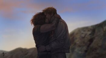 Rule 34 | 2boys, bandaged arm, bandages, blonde hair, brown hair, commentary, english commentary, from side, highres, hug, iron lung (movie), jacket, kaidenchii, kiss, male focus, multiple boys, outdoors, project hail mary, ryland grace, scenery, short hair, simon (iron lung), toned, toned male, trait connection, upper body, white jacket, yaoi