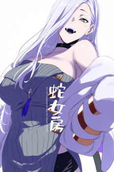 1girl bare_shoulders black_shorts blue_lips breasts choker cleavage commentary_request dress earrings echo_(circa) eyeliner fangs fate/grand_order fate_(series) grey_dress hair_over_one_eye hoop_earrings jacket jewelry large_breasts long_hair long_sleeves looking_at_viewer makeup mrs._snake_(fate) off_shoulder open_mouth short_shorts shorts smile solo sweater sweater_dress tassel translation_request white_hair white_jacket yellow_eyes