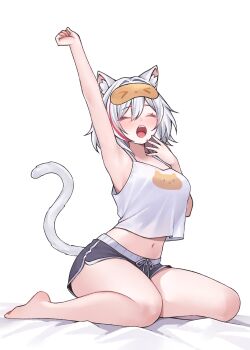 >_< 1girl absurdres alternate_costume animal_ears arm_up black_shorts breasts camisole cat_ears cat_tail closed_eyes commentary dolphin_shorts drawstring english_commentary grey_hair hair_intakes highres honkai:_star_rail honkai_(series) kemonomimi_mode medium_breasts miclipse midriff multicolored_hair navel open_mouth red_hair short_hair shorts sleep_mask solo streaked_hair stretching tail teeth thighs topaz_(honkai:_star_rail) upper_teeth_only white_background yawning