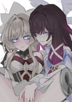 2girls amputee android averting_eyes backlighting bare_shoulders blue_eyes blush bow brown_hair cable closed_mouth clothed_sex colored_inner_hair columbina_(genshin_impact) commentary detached_collar feathered_wings fingering frown furrowed_brow genshin_impact gradient_hair grey_hair hair_intakes hair_ribbon half-closed_eyes hashtag-only_commentary head_wings highres legless_amputee light_smile long_hair long_sidelocks looking_at_another looking_to_the_side low-tied_sidelocks mechabare multicolored_hair multiple_girls multiple_wings pink_streaks purple_eyes pussy_juice reach-around ribbon sandrone_(genshin_impact) short_hair_with_long_locks sidelocks simple_background spread_legs sweat symbol-only_commentary taykrome thighs tress_ribbon twitching two-tone_hair underbust unusually_open_eyes vaginal white_bow white_wings wings wrist_bow x-shaped_eyewear yuri