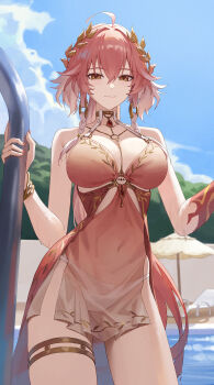 1girl absurdres ahoge bare_shoulders bikini blue_sky braid breasts changli_(laurel_nymph)_(wuthering_waves) changli_(wuthering_waves) cleavage closed_mouth colored_extremities commentary covered_navel cowboy_shot day dress fingernails hair_between_eyes hair_extensions head_wreath highres large_breasts llami_0 long_hair looking_at_viewer multicolored_hair nail_polish official_alternate_costume orange_eyes outdoors poolside red_dress red_hair red_hands red_nails ring_hair_extensions see-through_clothes see-through_dress sky smile solo swimsuit tacet_mark_(wuthering_waves) thighs twin_braids two-tone_hair very_long_hair wet white_bikini white_hair wuthering_waves