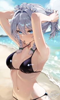 1girl absurdres adjusting_hair arms_up artist_name beach bikini black_bikini blue_eyes braid breasts grey_hair hair_tie_in_mouth highres izayoi_sakuya maid_headdress medium_breasts mouth_hold navel ponytail sand stomach swimsuit tadano1129 touhou twin_braids water