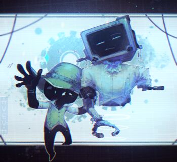 2others blouse character_request floating gears green_headwear green_shirt inscryption levitation monitor multiple_others p03_(inscryption) shirt treblesomerebel white_sleeves