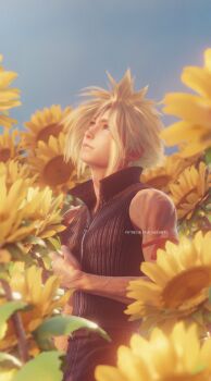 1boy 3d arm_ribbon bare_shoulders blonde_hair blue_eyes blue_sky blurry blurry_background blurry_foreground closed_mouth cloud_strife day earrings final_fantasy final_fantasy_vii final_fantasy_vii:_advent_children final_fantasy_vii_remake flower highres jewelry light_smile looking_to_the_side looking_up male_focus outdoors patreon_username popped_collar red_ribbon ria-neearts ribbon shirt short_hair sky sleeveless sleeveless_shirt solo spiked_hair stud_earrings sunflower upper_body zipper