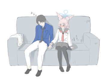 1boy 1girl animal_ear_fluff animal_ears black_hair black_necktie black_pantyhose black_sailor_collar black_shoes black_skirt blue_archive blue_eyes blue_halo blue_shirt blush closed_mouth collared_shirt commentary_request couch dress_shirt embarrassed fox_ears fox_girl full_body halo hetero highres imminent_hand_holding loafers long_sleeves looking_at_another medium_hair miniskirt neckerchief necktie niko_(blue_archive) nose_blush on_couch pants pantyhose pink_hair pleated_skirt red_neckerchief sailor_collar sailor_shirt school_uniform sensei_(blue_archive) serafuku shirt shoes short_hair side-by-side simple_background sitting sketch skirt sleeping sound_effects sueoki_makura v-shaped_eyebrows white_background white_pants white_shirt zzz
