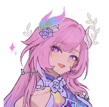 1girl artist_name bare_shoulders bunnyoki cyrene_(demiurge)_(honkai:_star_rail) cyrene_(honkai:_star_rail) earrings flower hair_flower hair_ornament hashtag-only_commentary highres honkai:_star_rail honkai_(series) jewelry looking_at_viewer multicolored_hair open_mouth pink_hair pointy_ears portrait purple_eyes simple_background smile solo two-tone_hair white_background white_hair