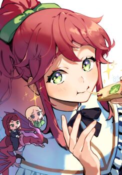 Rule 34 | 1boy, 2girls, aramis (unicorn overlord), bito kibi, black bow, black bowtie, bow, bowtie, chibi, chibi inset, commentary request, dragon, eating, green eyes, hair tie, highres, hilda (unicorn overlord), light blush, long hair, long sidelocks, looking at viewer, multiple girls, ponytail, primm (unicorn overlord), protected link, red hair, sidelocks, unicorn overlord, wyvern