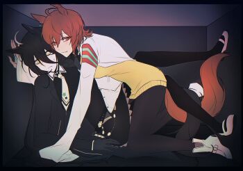 2girls absurdres agnes_tachyon_(tach-nology)_(umamusume) agnes_tachyon_(umamusume) ahoge animal_ears black_boots black_gloves black_hair black_jacket black_pantyhose black_skirt blush boots brown_hair ear_tag earrings gloves hair_between_eyes hare_zz highres horns horse_ears horse_girl jacket jewelry lab_coat long_bangs long_hair long_sleeves looking_at_viewer manhattan_cafe_(umamusume) multicolored_hair multiple_girls necktie open_clothes pantyhose red_eyes short_hair single_earring single_horn skirt sleeves_past_fingers sleeves_past_wrists stuck_in_a_box sweatdrop sweater sweater_vest tail umamusume white_hair yellow_eyes yellow_necktie yellow_sweater yellow_sweater_vest yuri