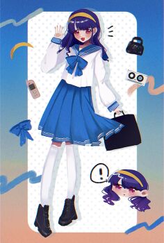 ! bag black_boots blue_skirt boots cassette_tape cellphone chibi commentary_request fang fukumaru_koito handbag headband highres idolmaster idolmaster_shiny_colors kokone_1204 leggings long_sleeves looking_at_viewer open_mouth phone pleated_skirt polka_dot polka_dot_background purple_hair red_eyes ribbon sailor_collar school_uniform serafuku shirt skirt waving white_leggings white_shirt white_trim yellow_headband
