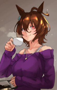 1girl absurdres agnes_tachyon_(casual)_(umamusume) agnes_tachyon_(umamusume) ahoge alternate_costume animal_ears bra_strap breasts brown_hair casual closed_mouth coffee_pot collarbone cup disposable_cup hair_between_eyes highres holding holding_cup horse_ears horse_girl jewelry large_breasts looking_at_viewer necklace off-shoulder_sweater off_shoulder purple_sweater red_eyes short_hair smile solo sweater tanabe_(fueisei) teacup umamusume upper_body