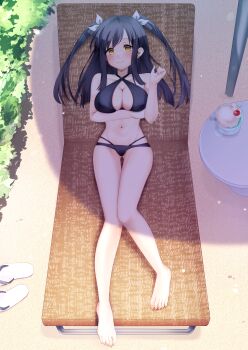 1girl absurdres alternate_costume arm_under_breasts bare_legs bare_shoulders barefoot beach bikini black_bikini black_hair blunt_ends blush bow breasts cleavage clenched_hand closed_mouth collarbone criss-cross_halter day feet flip-flops food full_body gluteal_fold hair_bow halterneck hand_up highres ice_cream knees_together_feet_apart large_breasts long_hair looking_at_viewer lying multi-strapped_bikini_bottom navel on_back outdoors relaxing sandals sanoba_witch shadow skindentation smile solo stomach straight_hair swimsuit tareme thigh_gap thighs toenails toes togakushi_touko two_side_up tyama_taka unworn_sandals white_bow yellow_eyes