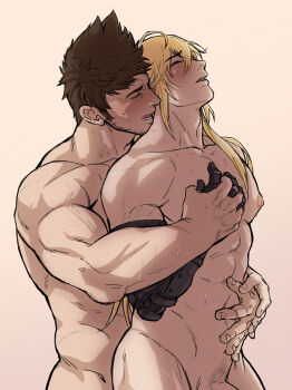 2boys bara beard blonde_hair brown_hair completely_nude couple facial_hair goatee highres implied_anal implied_sex long_hair male_focus mature_male mechanical_arms minghii multiple_boys muscular muscular_male nude pectoral_grab pectorals prosthesis prosthetic_arm rex_(xenoblade) sex sex_from_behind shulk_(xenoblade) single_mechanical_arm xenoblade_chronicles_(series) xenoblade_chronicles_3 xenoblade_chronicles_3:_future_redeemed yaoi