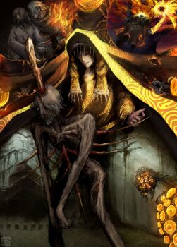 3girls 6+boys absurdres aging_untouchable apocalypse armet armor artist_logo artist_name bare_tree black_hair black_robe blindfold blonde_hair blood branch brown_cape brown_hood burning cape chainmail cloak closed_eyes closed_mouth coiled_sword commentary corpse crying death dress eating elden_ring elden_ring:_shadow_of_the_erdtree eldritch_abomination emaciated embers english_commentary extra_eyes eyeball finger_maiden_hyetta fingerprint fire flaming_eye flaming_head forest full_armor fur_trim giant_hand glowing grey_hair hat headdress headless highres holding holding_branch hood hooded_cape impaled knight logo long_hair long_sleeves lord_of_the_frenzied_flame_(elden_ring) mansion midra_lord_of_frenzied_flame multiple_boys multiple_girls multiple_others nanaya_(elden_ring) nature no_headwear open_mouth orange_robe ornate_weapon overgrown pauldrons plate_armor rags rerebrace robe roningasa roundtable_knight_vyke satsu-strive shabriri_(elden_ring) shabriri_grape shawl shoulder_armor shoulder_plates signature skinny smile standing sword tarnished_(elden_ring) tears three_fingers_(elden_ring) too_many_eyes torn_cape torn_clothes torn_robe tree veil vyke's_finger_maiden weapon white_hair withered yellow_blood yellow_eyes yellow_robe yellow_shawl