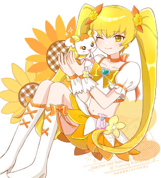 1girl :3 asako_(puiu9k) bike_shorts bike_shorts_under_skirt blonde_hair boots bow brooch choker closed_mouth collarbone commentary crop_top cure_sunshine earrings flat_chest flower flower_earrings hair_between_eyes hair_ribbon heart heart_brooch heartcatch_precure! high_heel_boots high_heels highres jewelry knee_boots long_hair magical_girl midriff myoudouin_itsuki navel one_eye_closed open_mouth orange_bow orange_choker orange_shorts orange_skirt potpourri_(heartcatch_precure!) precure puffy_short_sleeves puffy_sleeves ribbon shirt short_sleeves shorts sidelocks sitting skirt smile sunflower symbol-only_commentary twintails watermark white_background white_boots white_shirt wrist_cuffs yellow_eyes