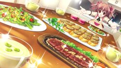 Rule 34 | 1girl, apron, brown hair, food, game cg, highres, kitchen, medium hair, non-web source, official art, open mouth, outstretched hand, pink ribbon, plate, red eyes, ribbon, root double -before crime after days-, salad, soup, steak, table, toba mashiro