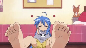 Rule 34 | 1girl, artist request, barefoot, bed, bedroom, blue hair, calling, cellphone, derivative work, feet, foot focus, grey shirt, highres, hood, hoodie, izumi konata, kyoto animation, long hair, lucky star, panda, phone, screenshot redraw, shirt, shorts, sitting, smile, socks, soles, spread legs, third-party edit, toes, unworn socks