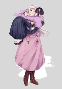 2girls axis_powers_hetalia black_bow black_hakama black_sandals black_skirt blush boots bow bright_pupils brown_boots brown_gloves brown_hair carrying closed_mouth commentary_request dress empty_eyes flower full_body fur-trimmed_dress fur-trimmed_sleeves fur_hat fur_trim genderswap genderswap_(mtf) gloves grey_background hachiware_(user_wwva4743) hair_flower hair_ornament hairband hakama hakama_skirt hand_on_another&#039;s_back hands_up hat high_heel_boots high_heels highres japan_(female)_(hetalia) japan_(hetalia) japanese_clothes kanzashi kimono long_hair long_sleeves looking_at_another mini_hat multiple_girls one_eye_closed pink_dress pink_flower pink_hairband pink_kimono pom_pom_(clothes) princess_carry purple_eyes russia_(female)_(hetalia) russia_(hetalia) sandals sash shadow short_hair sidelocks simple_background skirt smile socks standing teeth white_hair white_hat white_pupils white_sash white_socks wide_sleeves yellow_eyes yuri